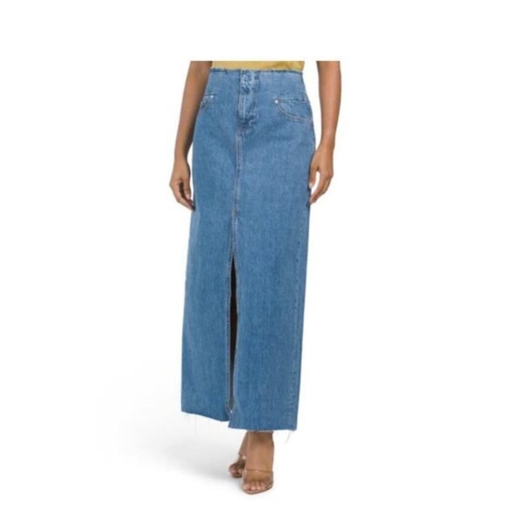 FRAME Sea Cut Off Waist Maxi Denim Skirt Sz 26 Raw Hem‎ Front Slit trendy
